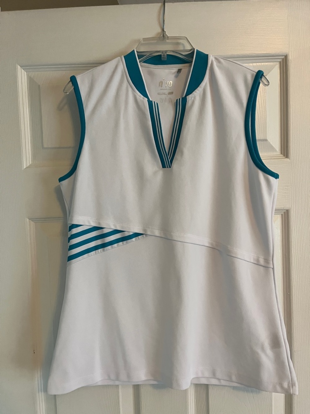 Women's White Sleeveless Athletic Tank with Teal Trim